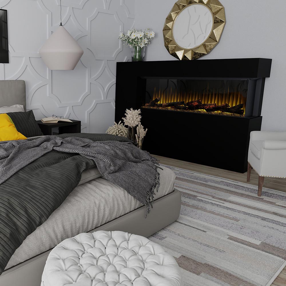 Built-in linear electric fireplace in black mantel with glowing flame effect