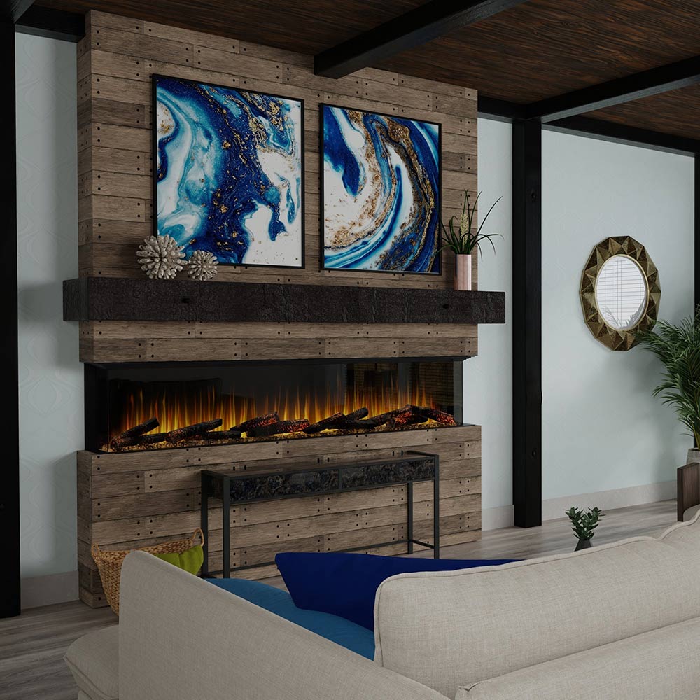 Built-in linear electric fireplace with dark wood surround and glowing log flames