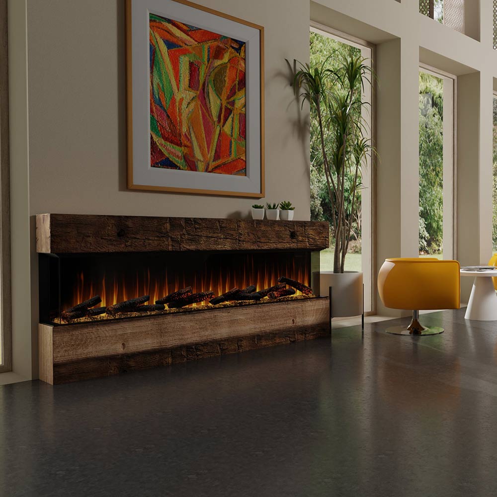 Built-in linear electric fireplace with stone-look surround and long flame bed