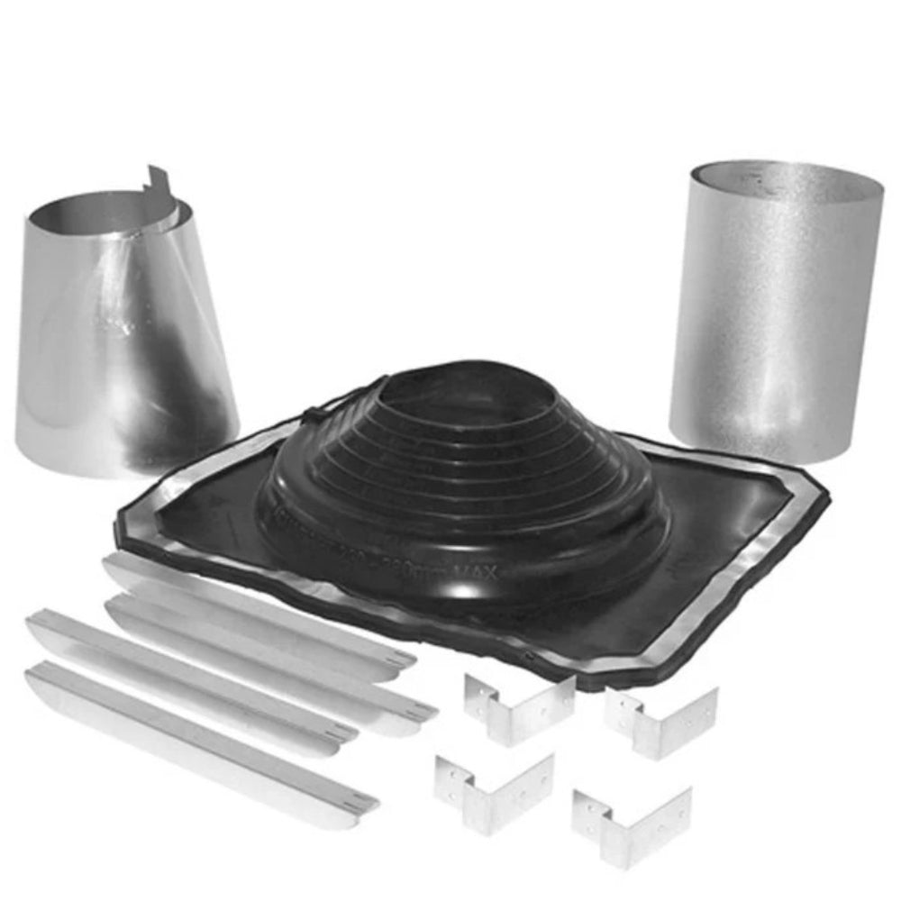 Universal rubber boot flashing kit with black rubber boot, metal collars, and white spacers
