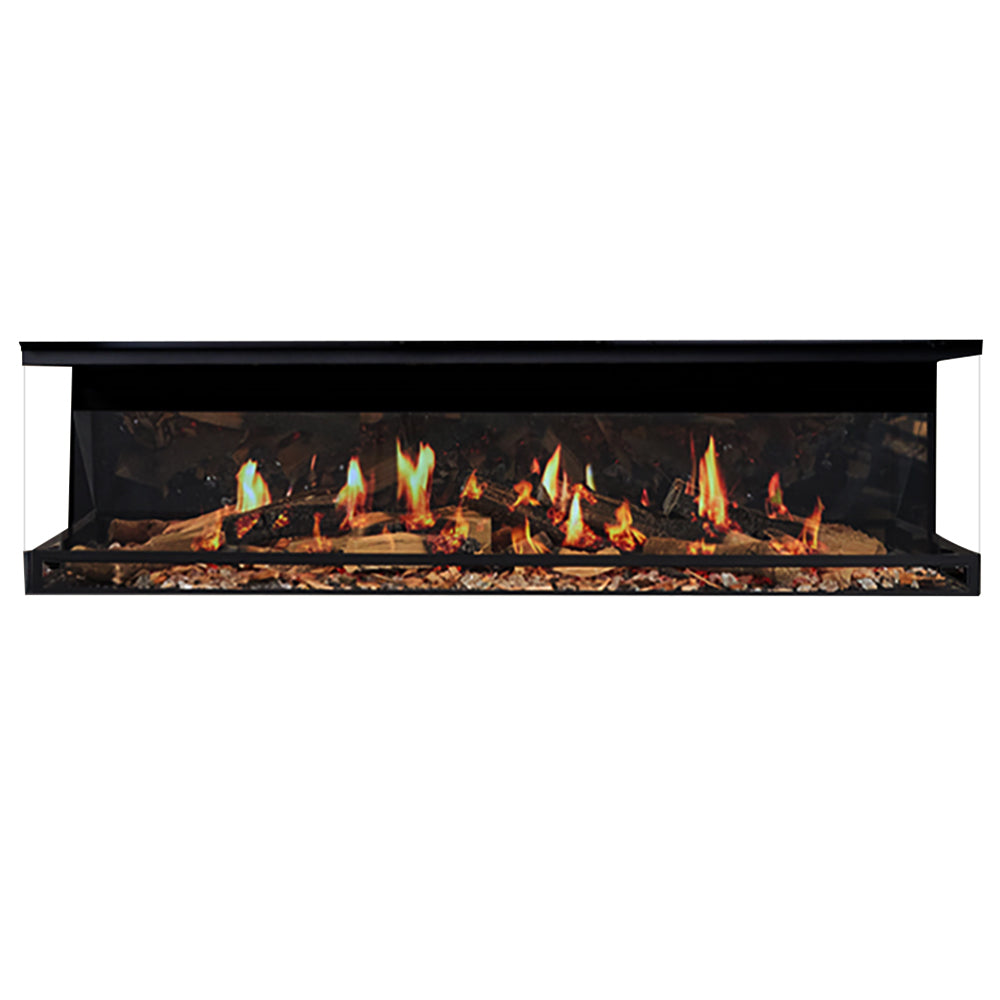 Ortal 60-inch linear electric fireplace with black front and bright flame view