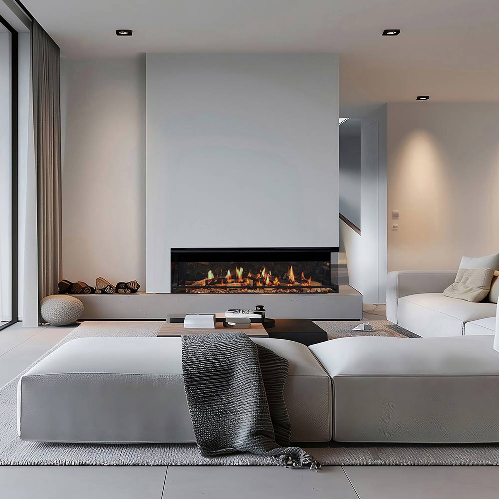 Ortal linear electric fireplace with black frame and holographic flame display