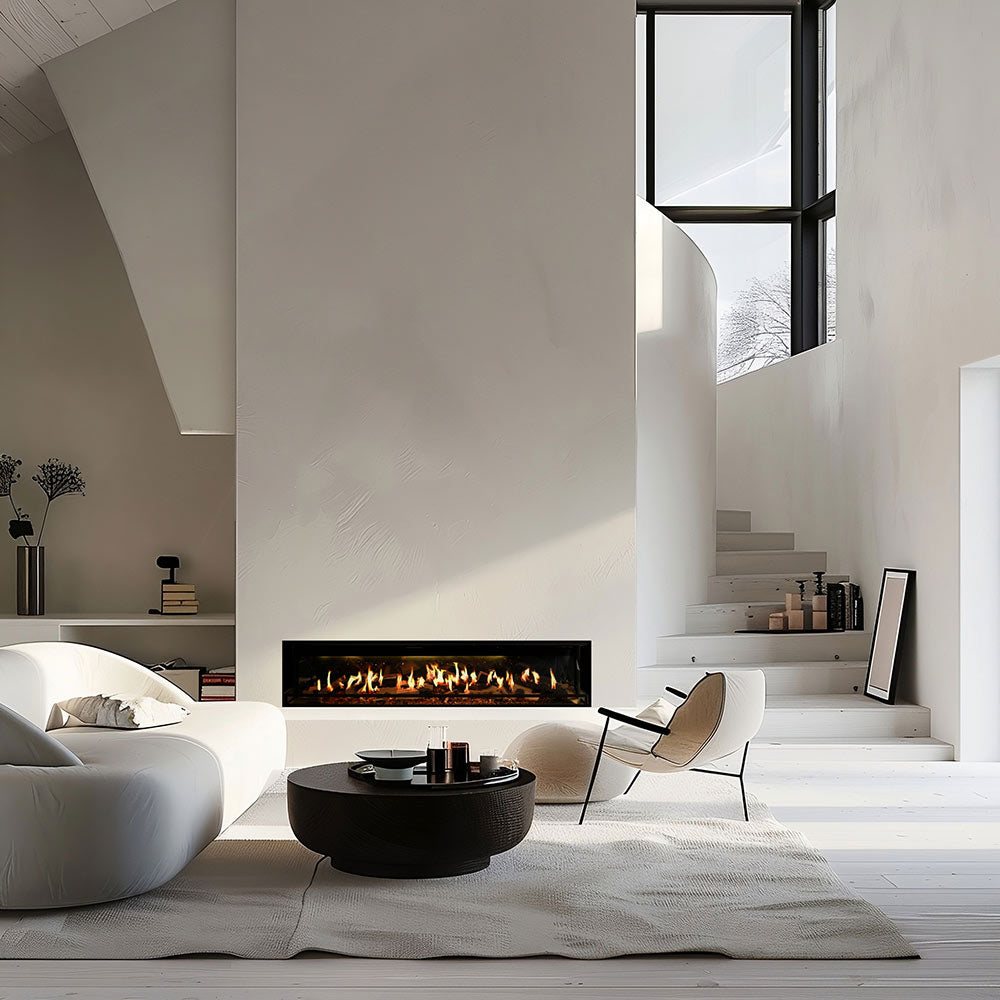Linear electric fireplace with black inset frame and glowing LED flame display