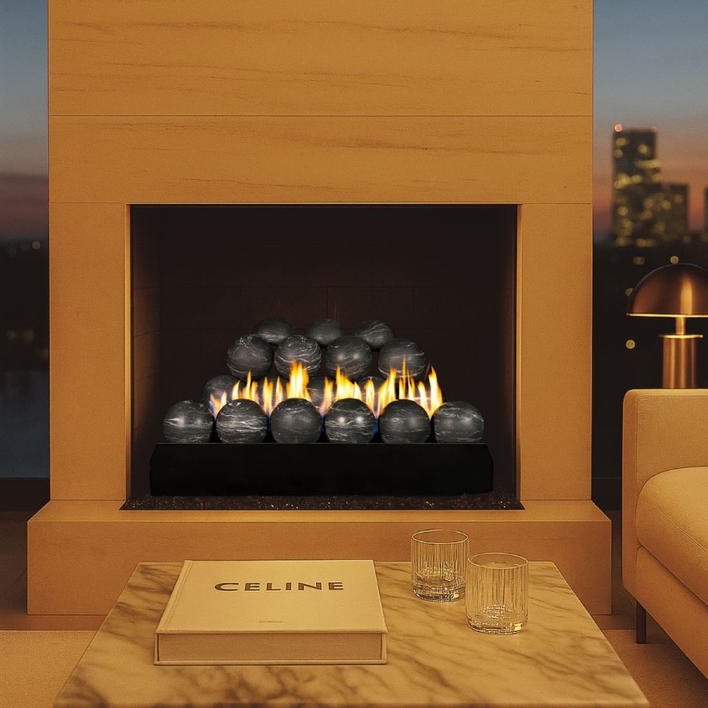 Ventless burner with dark Fyre spheres and tall flames inside fireplace