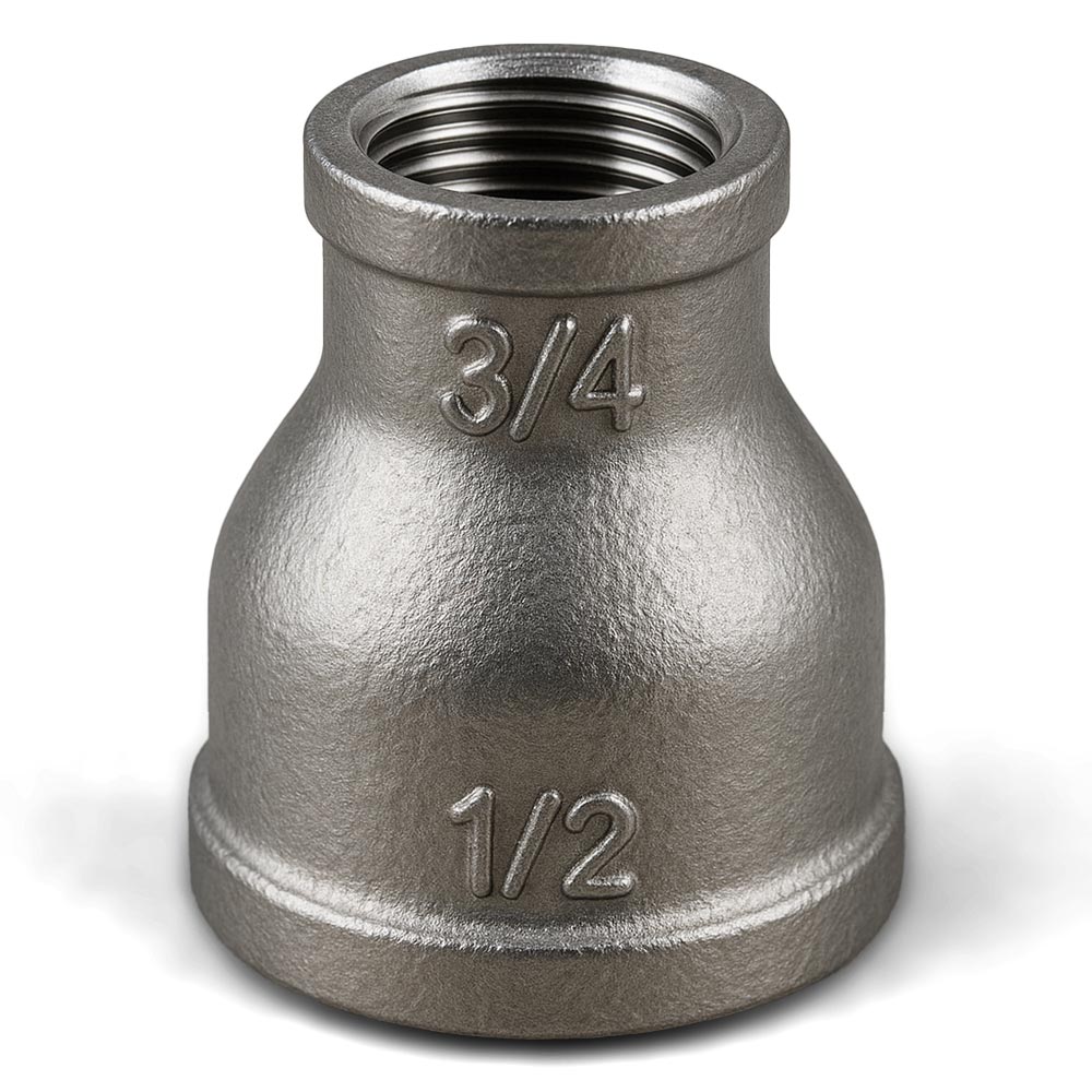 Stainless steel reducing coupler, stamped 3/4-in to 1/2-in threads