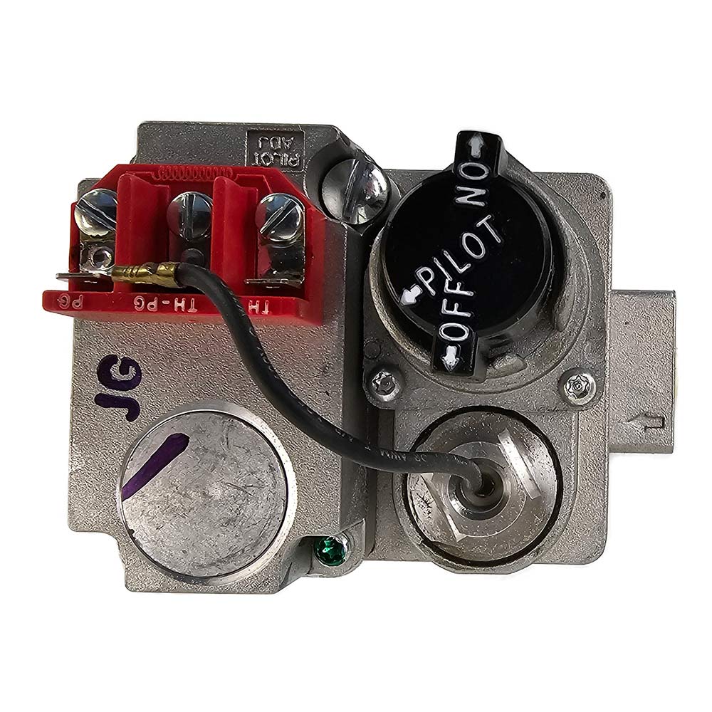Millivolt replacement gas valve showing burner control dial and red terminal block