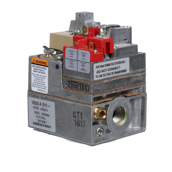 Millivolt gas control valve assembly with red and gray components and brass ports