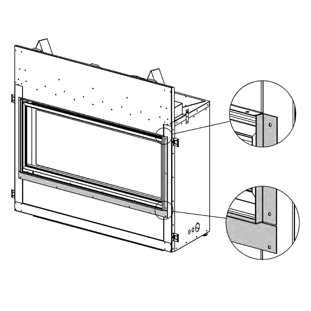 Direct vent gas fireplace tile lip kit with metal frame and side access panels