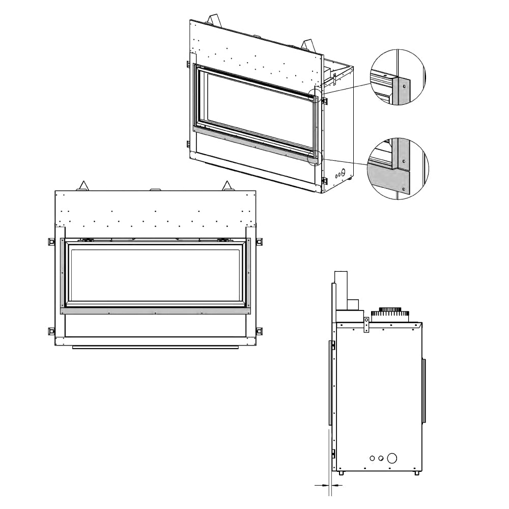Gas fireplace tile lip kit shown from front and side with mounting hardware details
