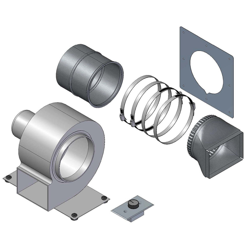 Metal forced-air distribution kit with duct sections, blower housing, and brackets.