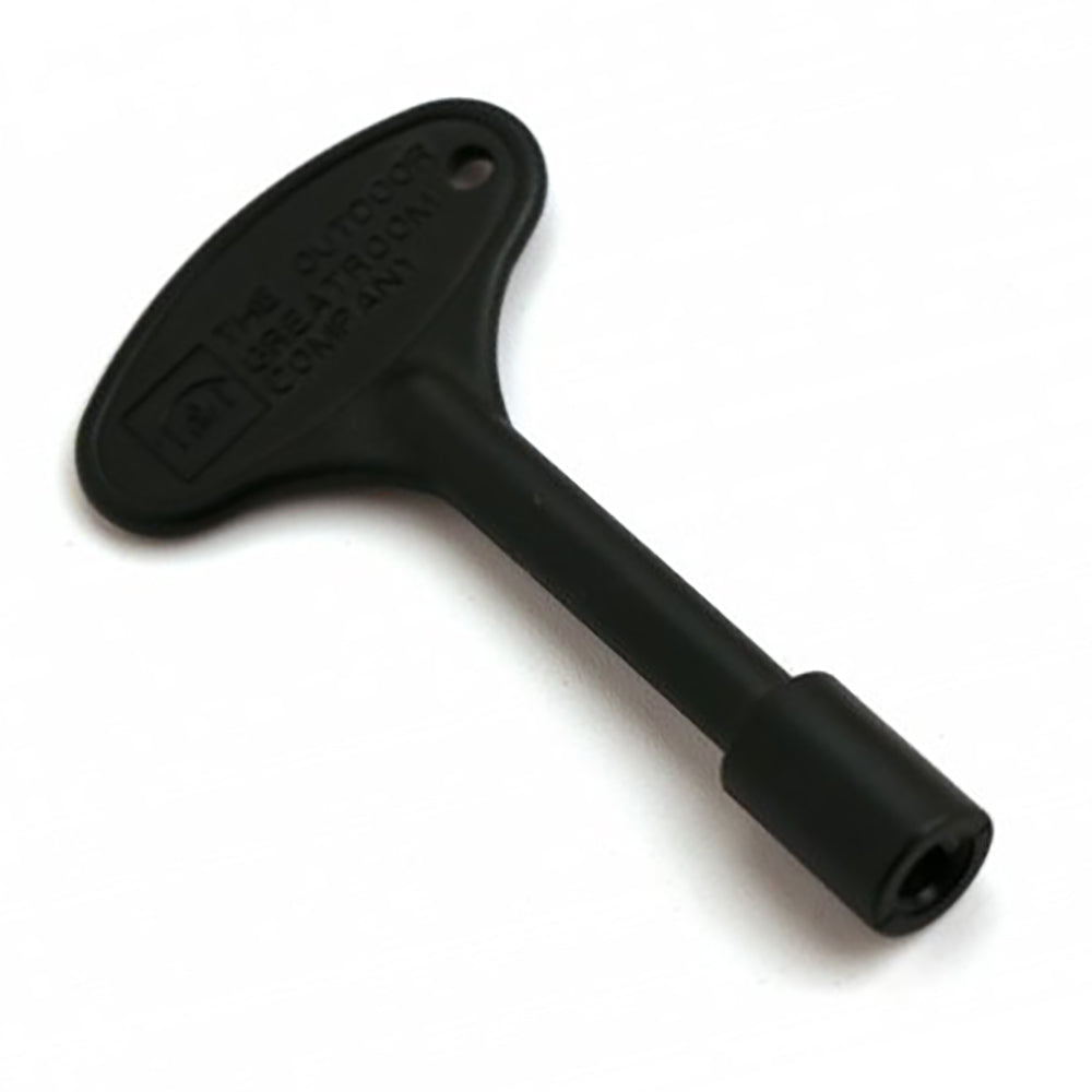 Black control valve key with long handle and round mounting hole