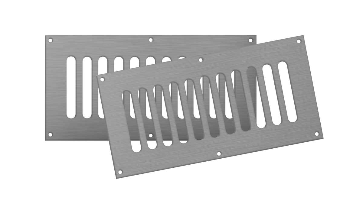 Stainless steel fireplace vent kit with rectangular louvered intake plates and cutout holes