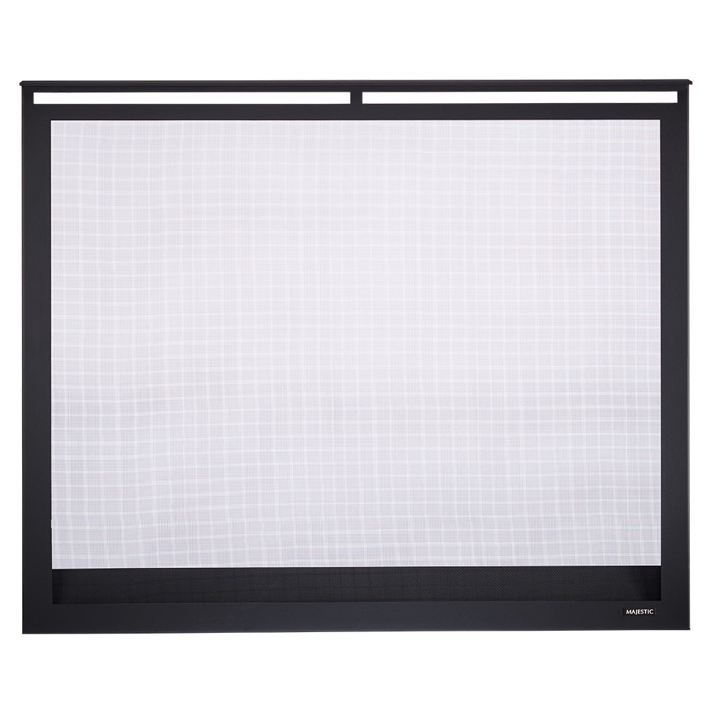 Black fireplace screen with mesh panel and rectangular frame
