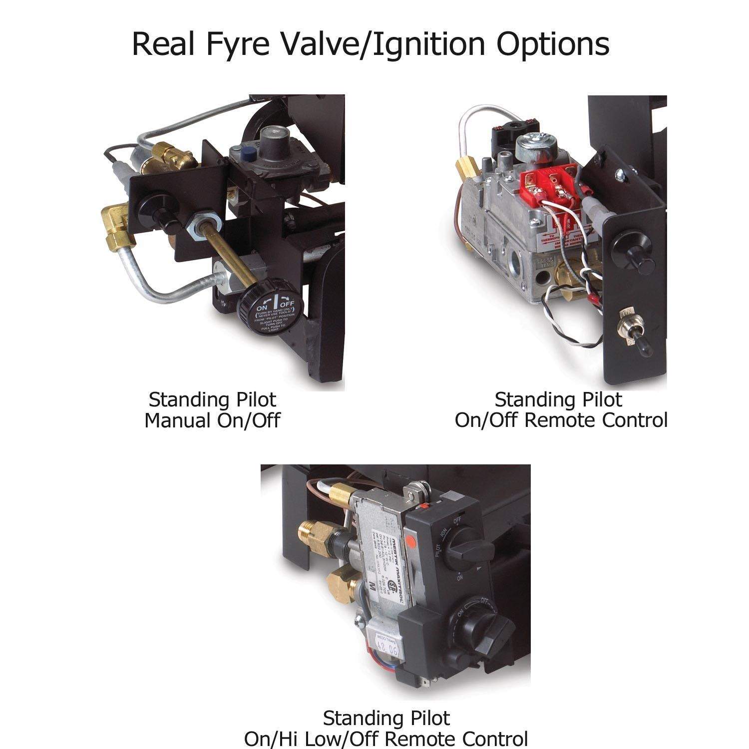 Ventless gas log ignition valve assembly with standing pilot control options