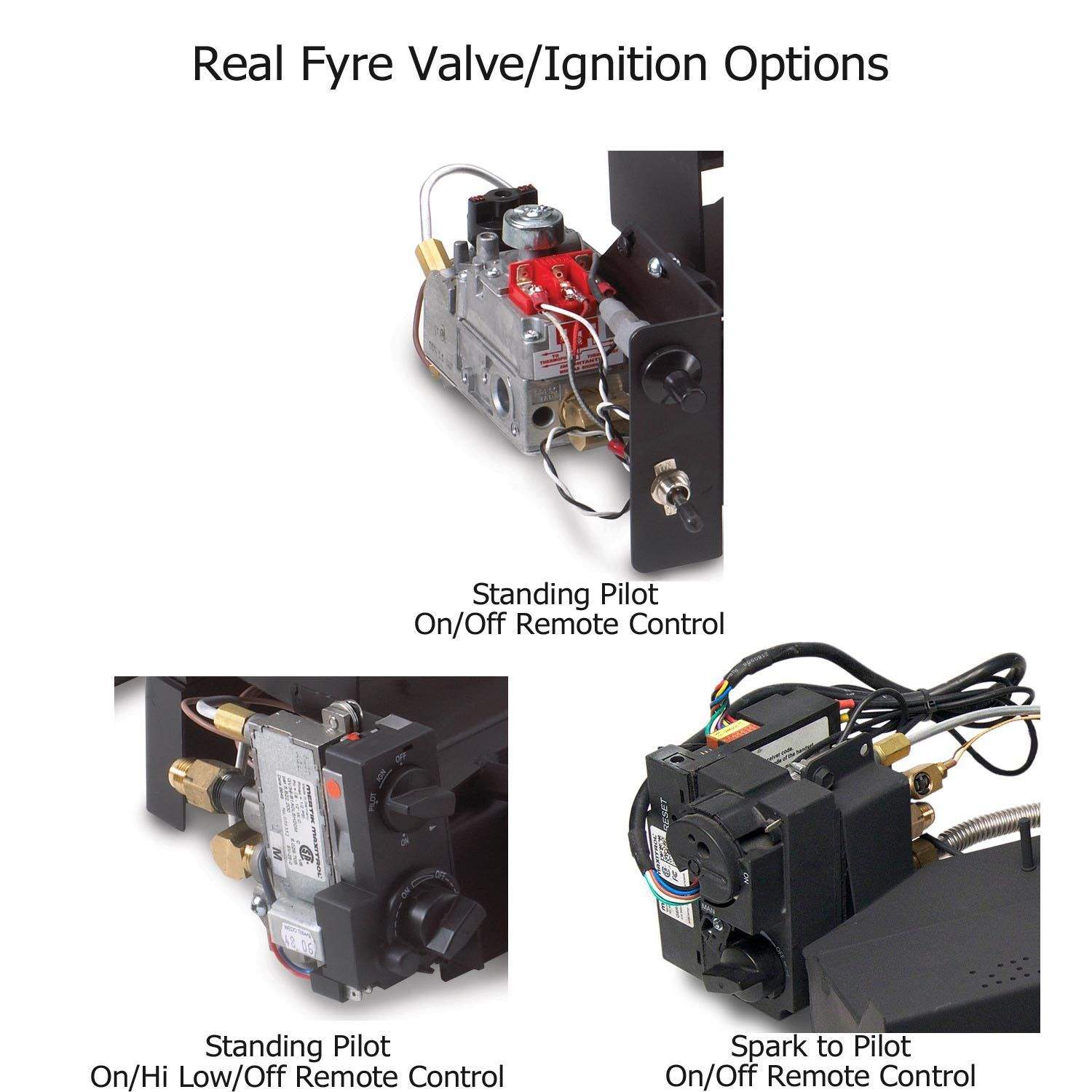 Gas log valve/ignition unit assembly with red components and black control housings
