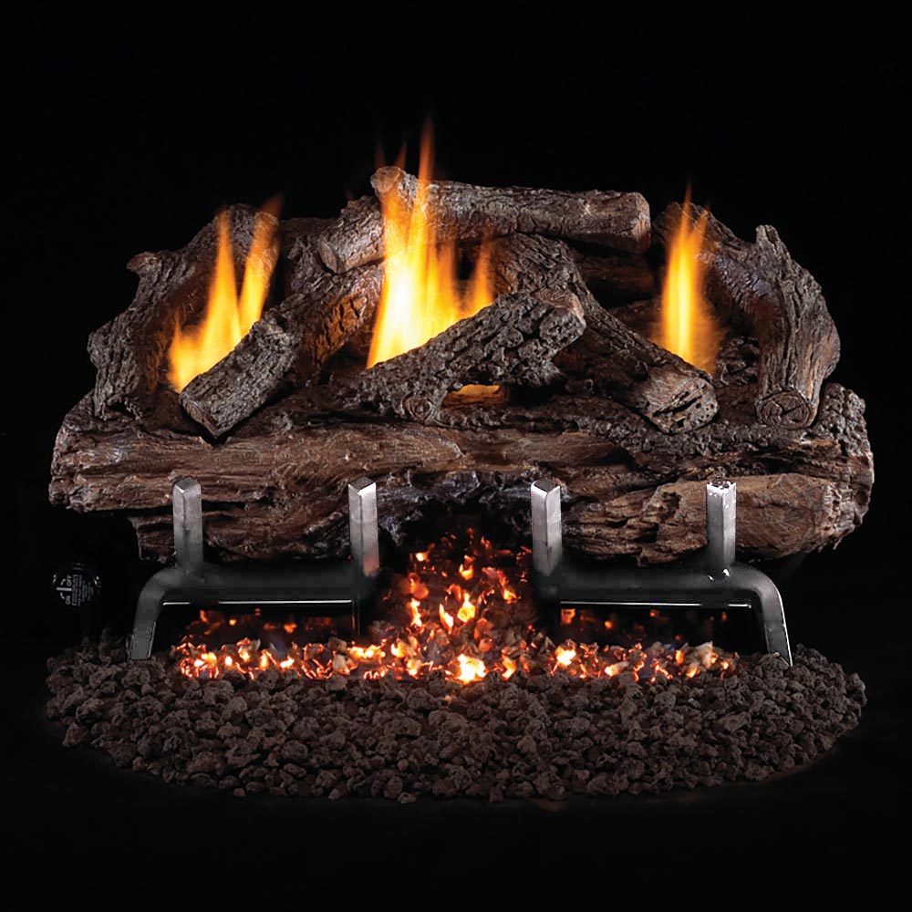 Charred aged ventless gas log set with three flames and black rock base
