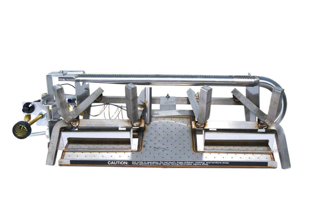 Stainless steel ventless gas burner frame with control knobs and connected tubing