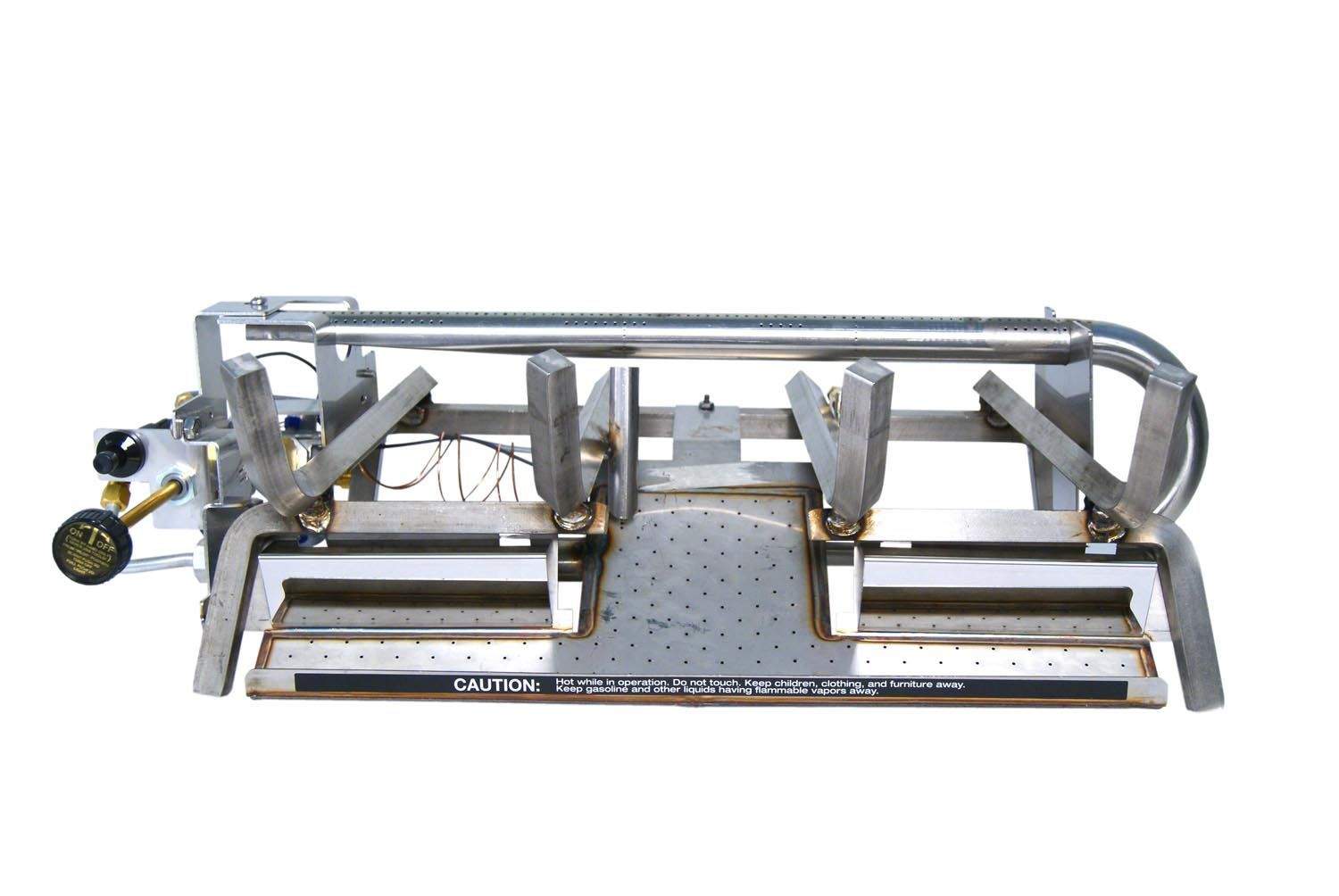 Stainless steel ventless gas burner frame with control knobs and connected tubing