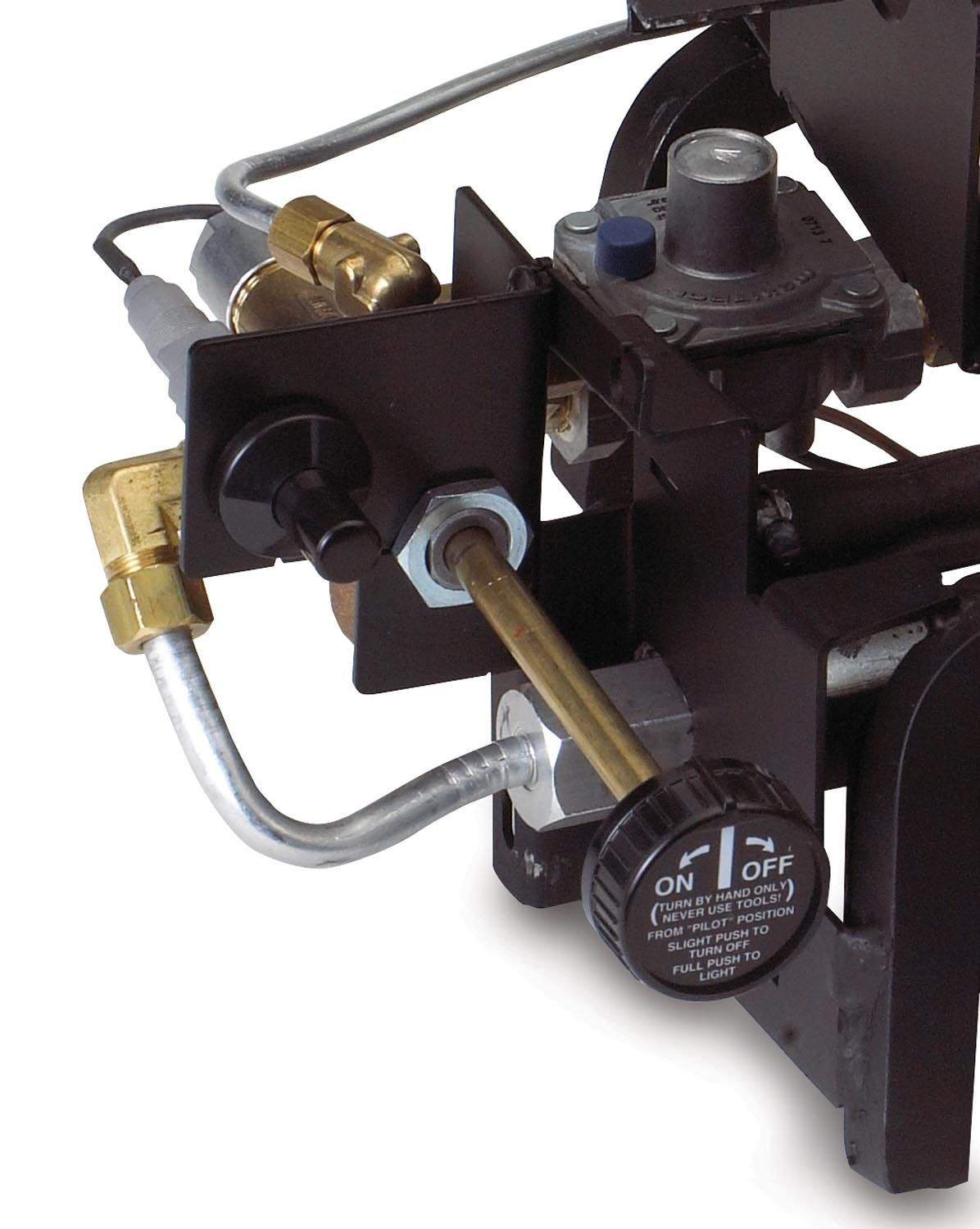 Ventless gas log ignition control with metal gas line and on/off switch