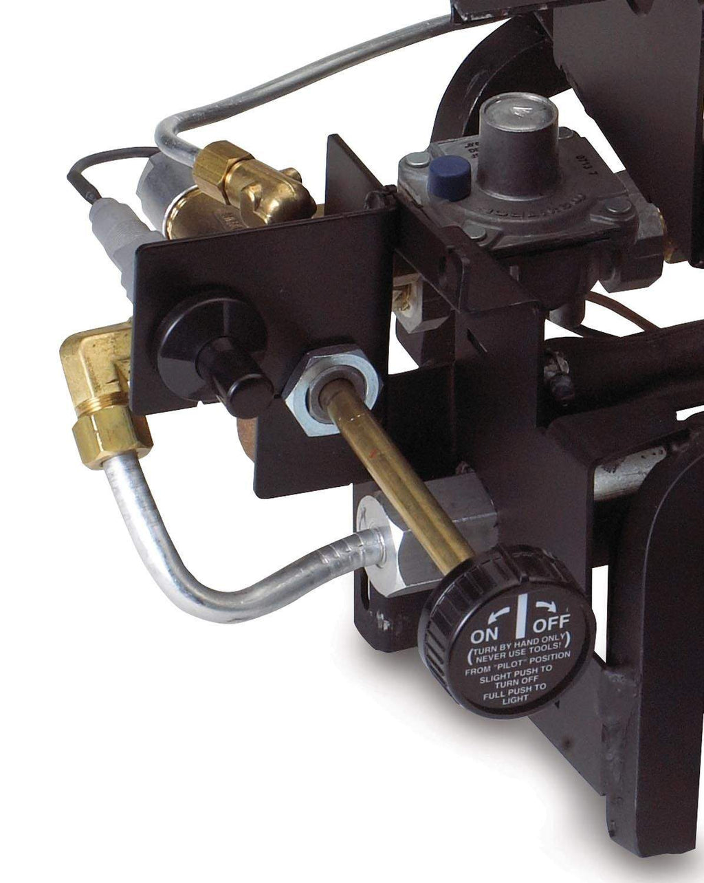 Gas valve and ignition assembly with tubing fittings and ON/OFF control knob