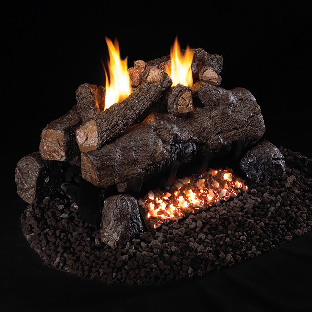Ventless gas log set with charred ceramic logs, glowing ember bed, and steady flames