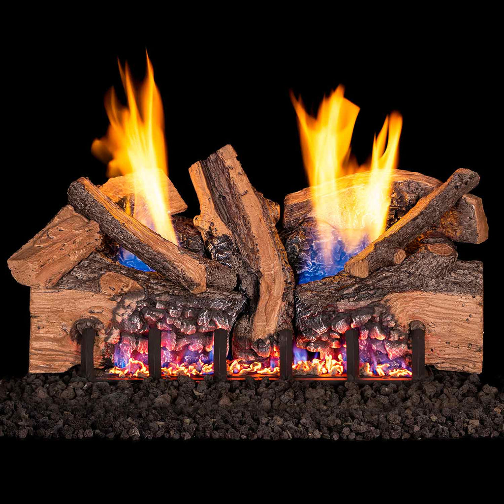 Ventless gas log set with split oak logs and visible flames in a firebox