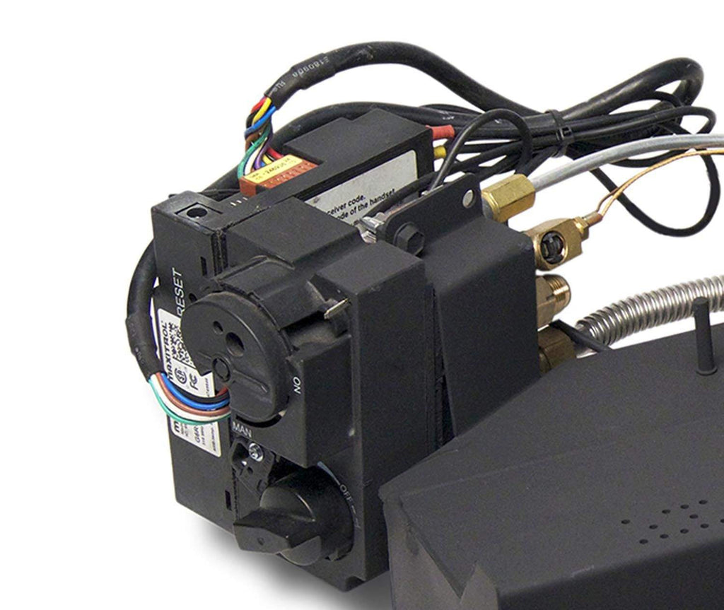 Gas log valve and ignition control module with wiring harness and metal connectors