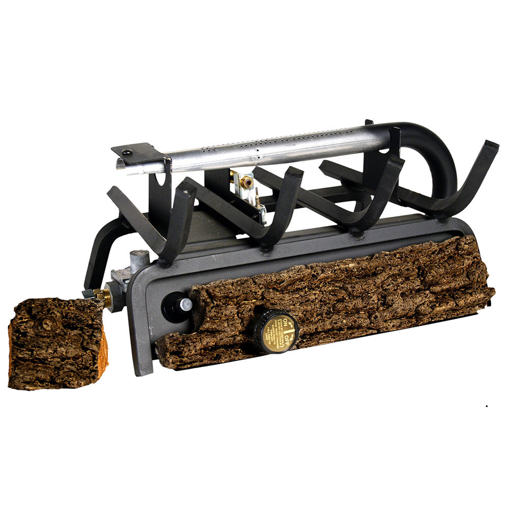 Ventless gas log burner system with split oak log pieces and black metal frame