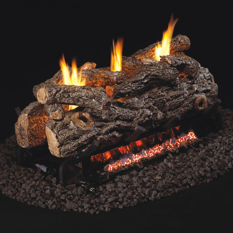 Ventless gas log set with glowing flames over realistic split log pieces