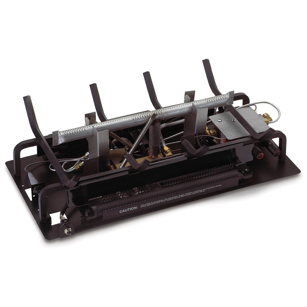 Ventless gas log burner system with metal frame, control wires, and heat deflectors