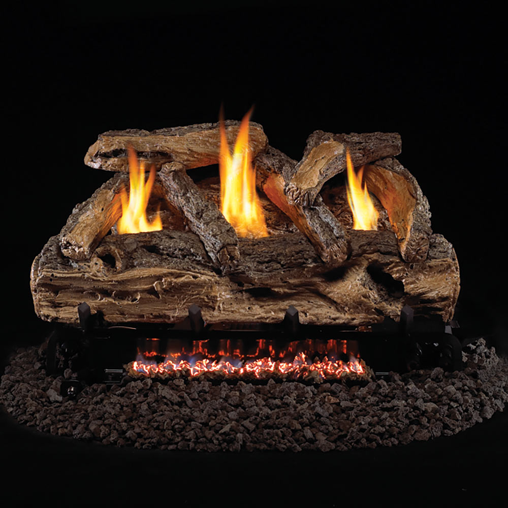 Ventless gas log set with glowing orange flames on split oak-style logs