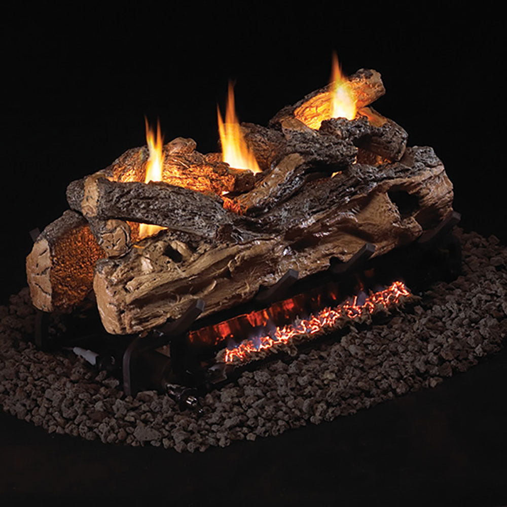 Ventless see-through split oak gas log set with burning flames and glowing embers