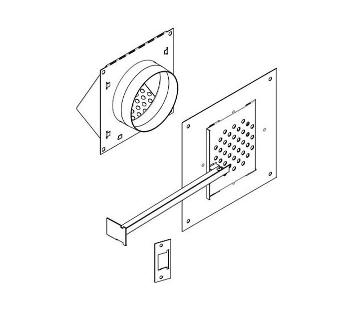 Firebox fresh air vent kit assembly with circular vent and perforated metal panel