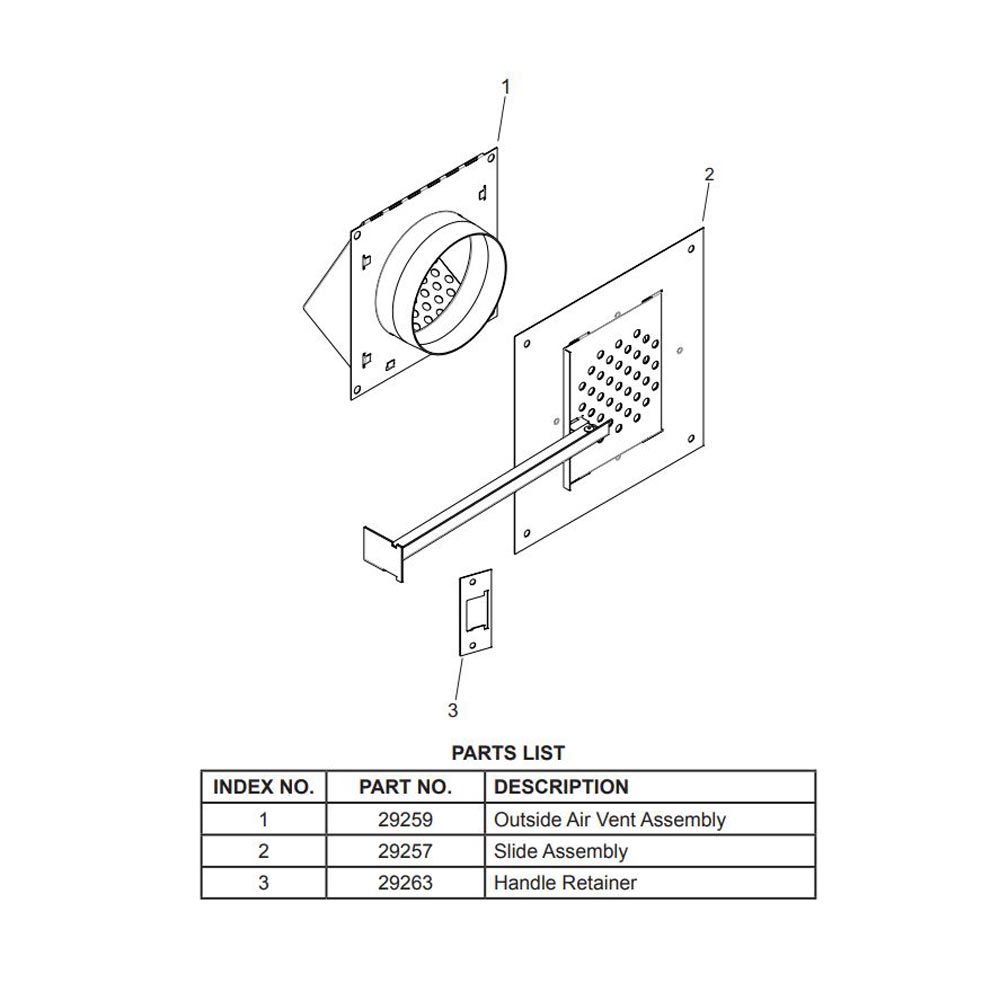 Firebox fresh air vent kit parts list with circular vent, perforated plate, handle