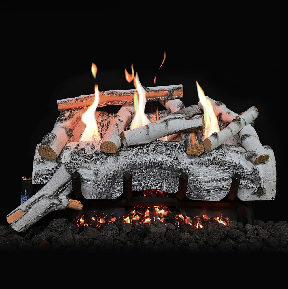 Vent free gas log set with birch-style logs and orange flames over charcoal embers