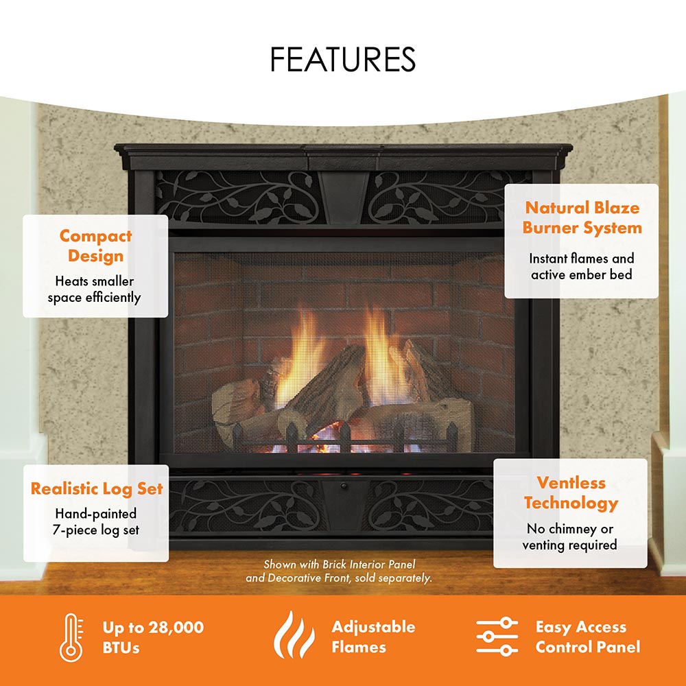Ventless gas fireplace front with burning logs and ornate decorative fire screen