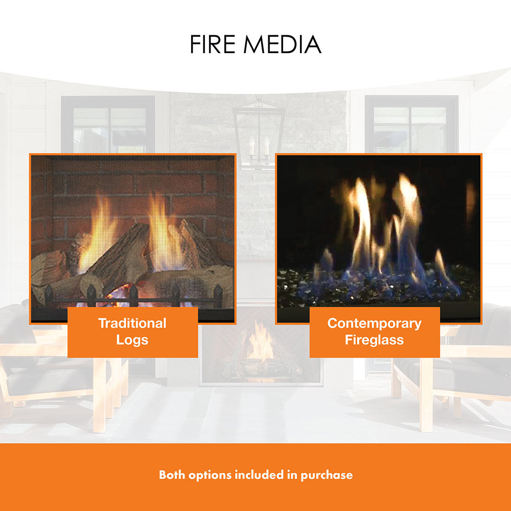 Ventless gas fireplace fire media options showing log flames and fireglass flames