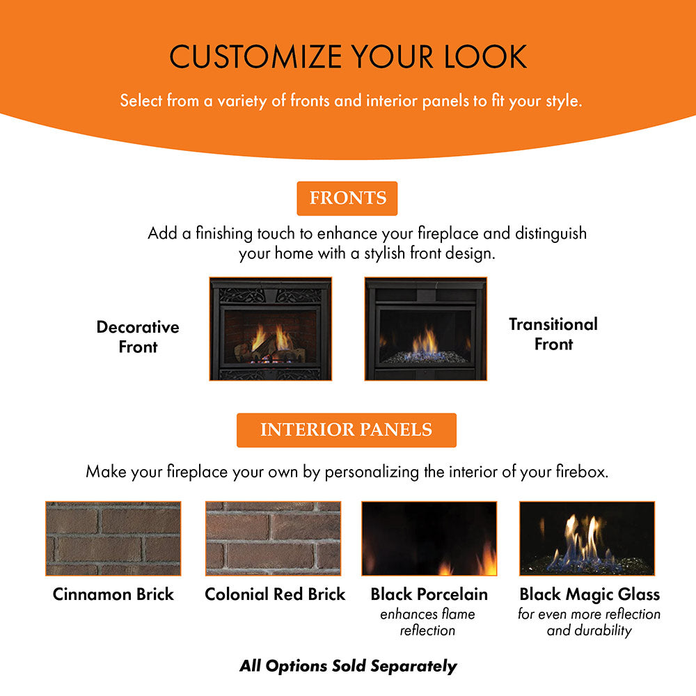 Ventless gas fireplace customization graphic showing decorative front and interior panel choices