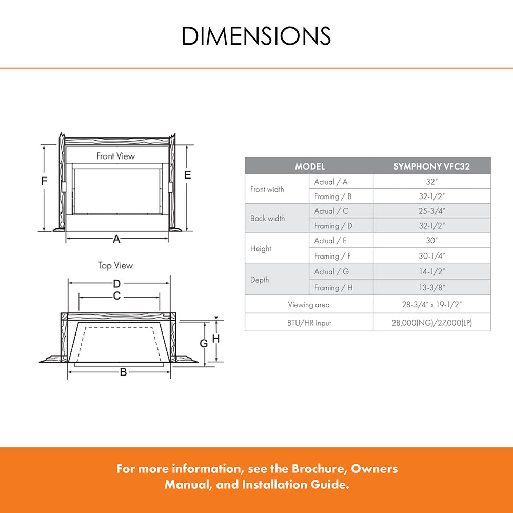 Ventless gas fireplace dimensions diagram with front and side views and size chart