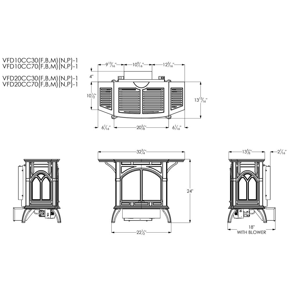 Ventless gas stove dimensional diagram with front, side, and top measurements