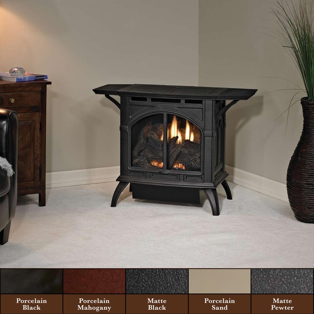 Matte black ventless cast iron gas stove with open glass front and burning burner