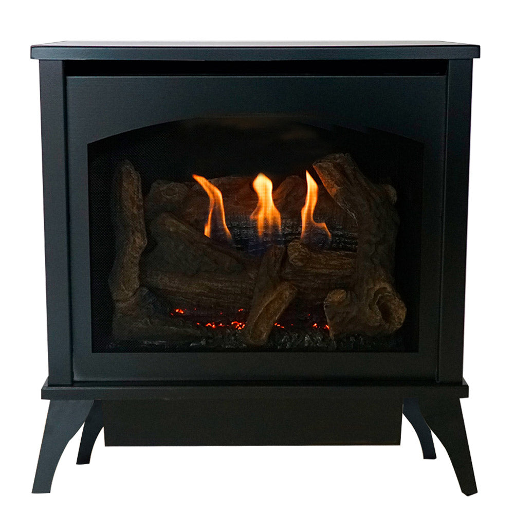Ventless gas stove with dark cabinet and glass front showing burning log set flames
