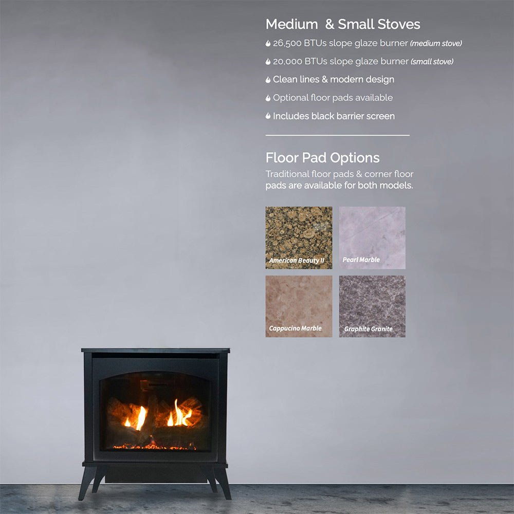 Ventless gas stove with black frame and glass window showing burning logs