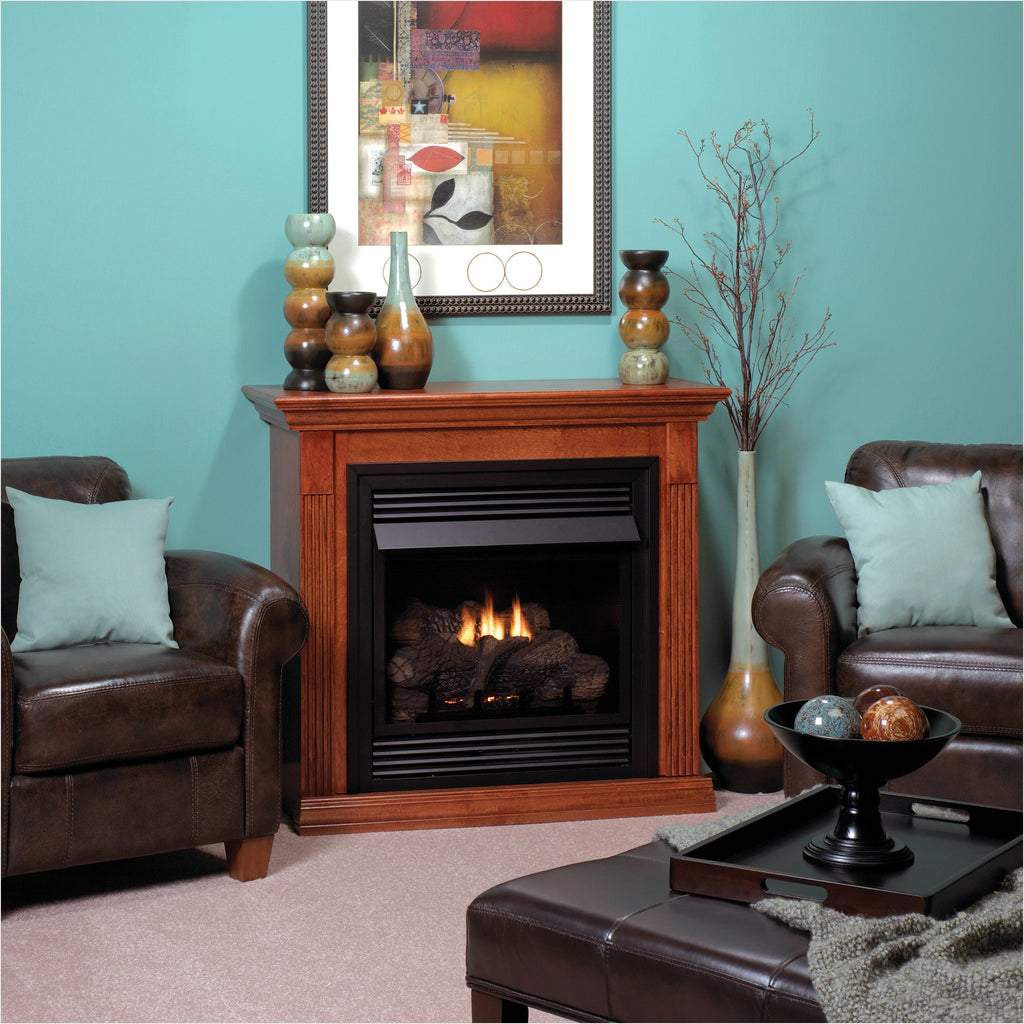 Wood mantel ventless fireplace with black firebox, ceramic logs and bright flames