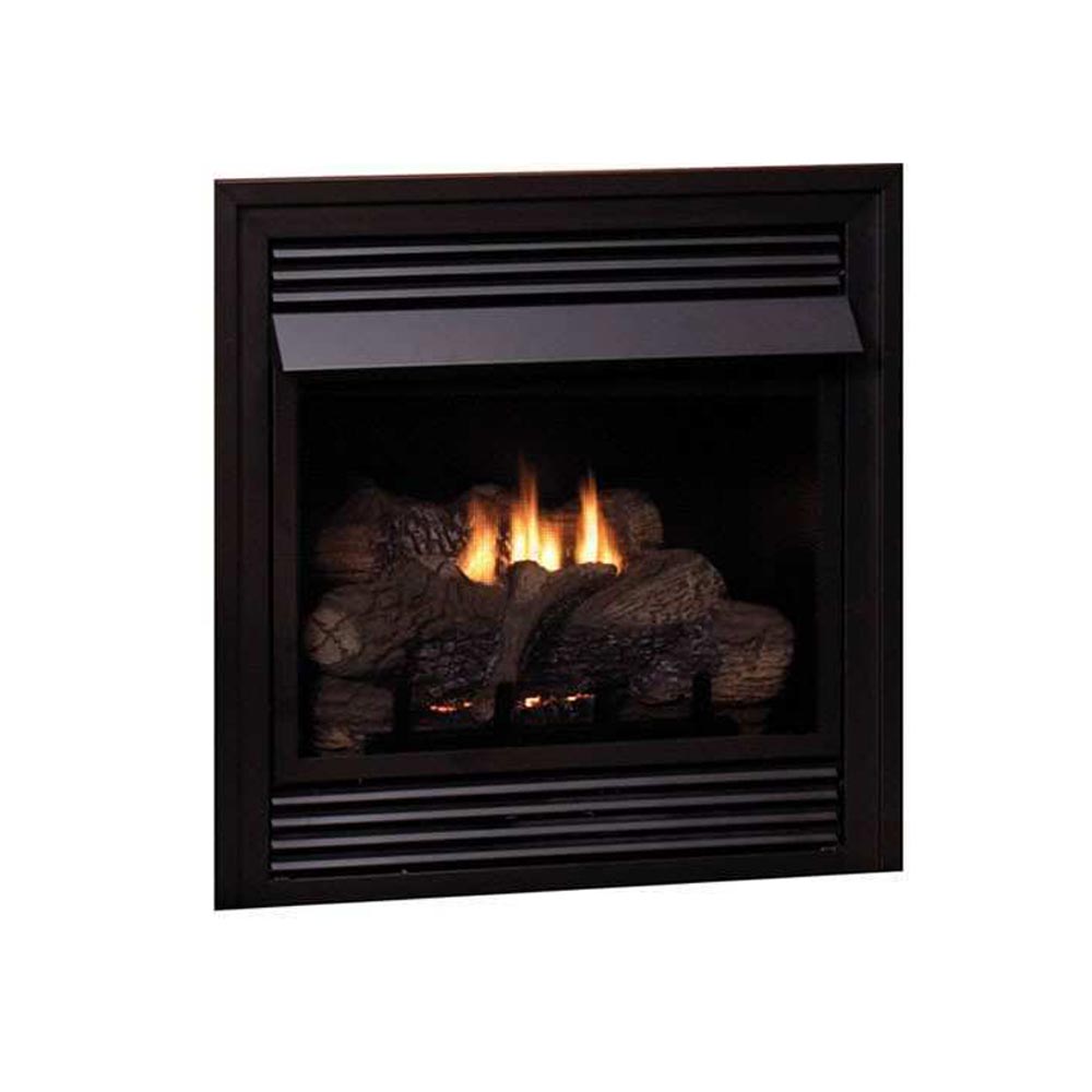 Black ventless fireplace insert with ceramic log set and glowing flames behind screen