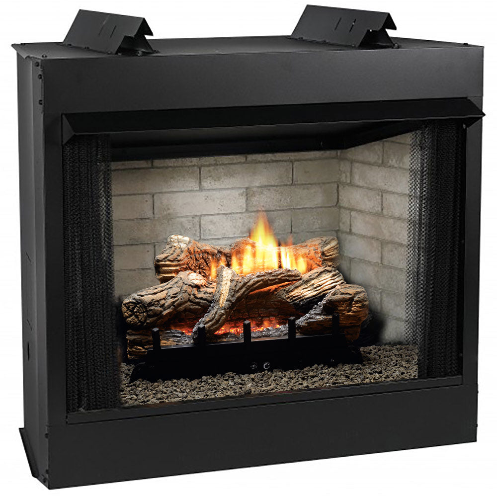Black ventless firebox with glass front, burning gas log set and contour burner