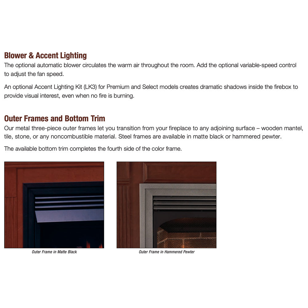 Firebox outer frame and bottom trim options in matte black and hammered pewter