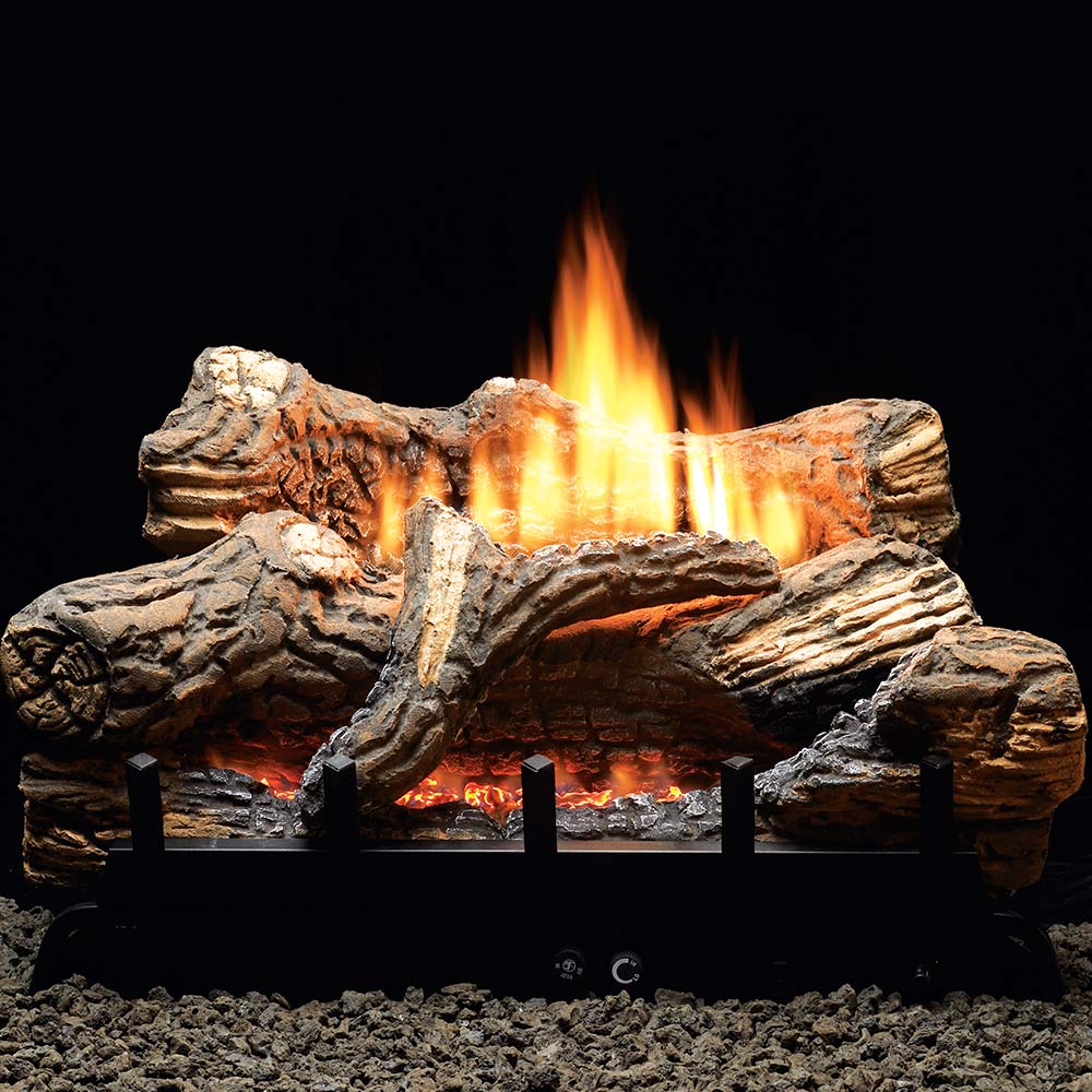 Gas log set with glowing flames inside black ventless firebox, stone-textured logs
