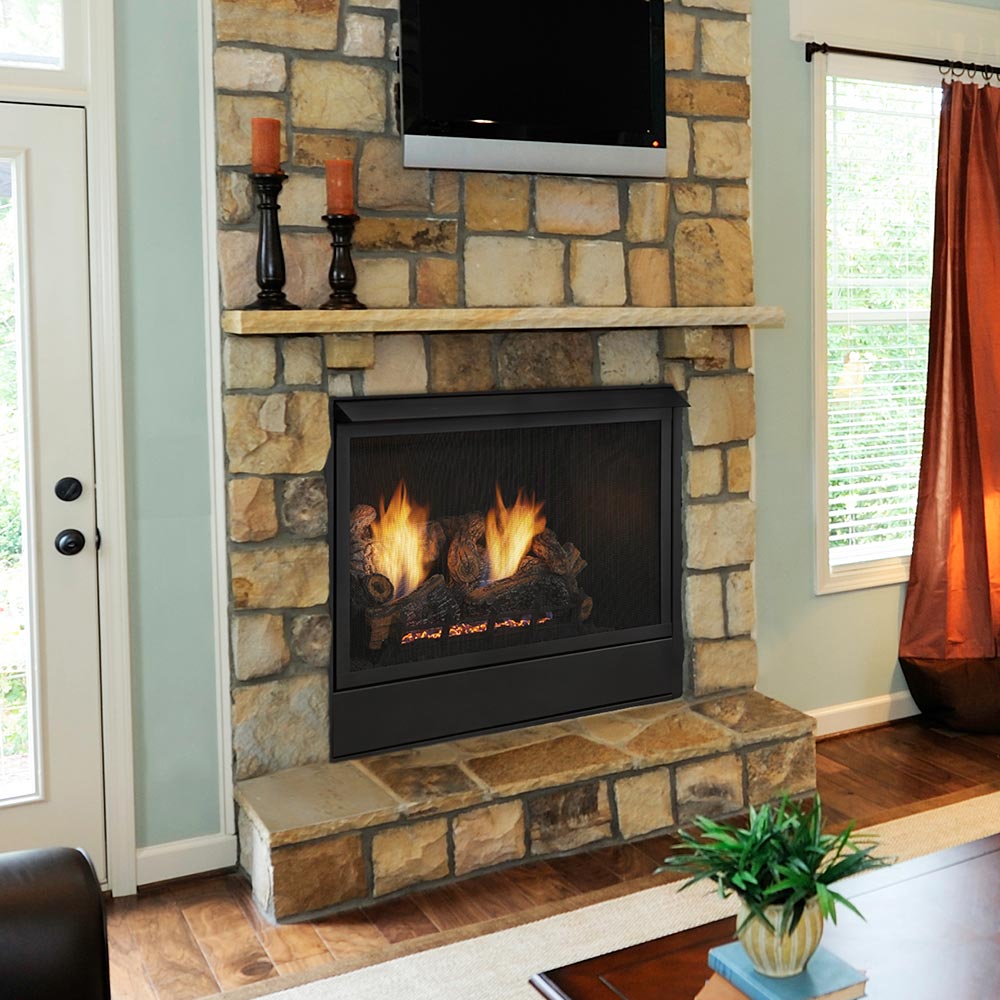 Vent-free fireplace with black firebox and burning gas logs in a stone surround