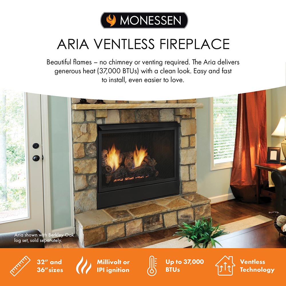 Ventless fireplace with black frame and burning gas logs set in a stone wall